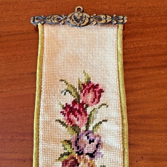 VTG Brass Bell Pull Roses Petit Point Embroidery 33.5” Olive Velvet Cottage Core - Picture 4 of 7